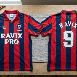 Custom Red and Navy Stripe Retro Football Shirt – custom manufactured by Ravix Pro Industry, Sialkot, Pakistan
