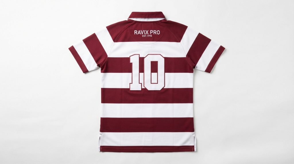 Custom Rugby Jerseys Guide: Fabrics, Fits and How to Order Club Kits Custom Maroon and White Hooped Rugby Jersey with Number Print – custom manufactured by Ravix Pro Industry, Sialkot, Pakistan