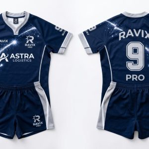 Custom Navy and White Rugby Uniform – custom manufactured by Ravix Pro Industry, Sialkot, Pakistan