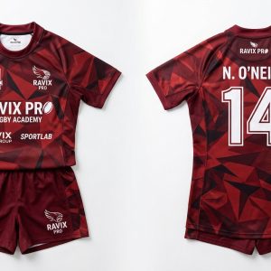 Custom Red and Maroon Rugby Uniform – custom manufactured by Ravix Pro Industry, Sialkot, Pakistan