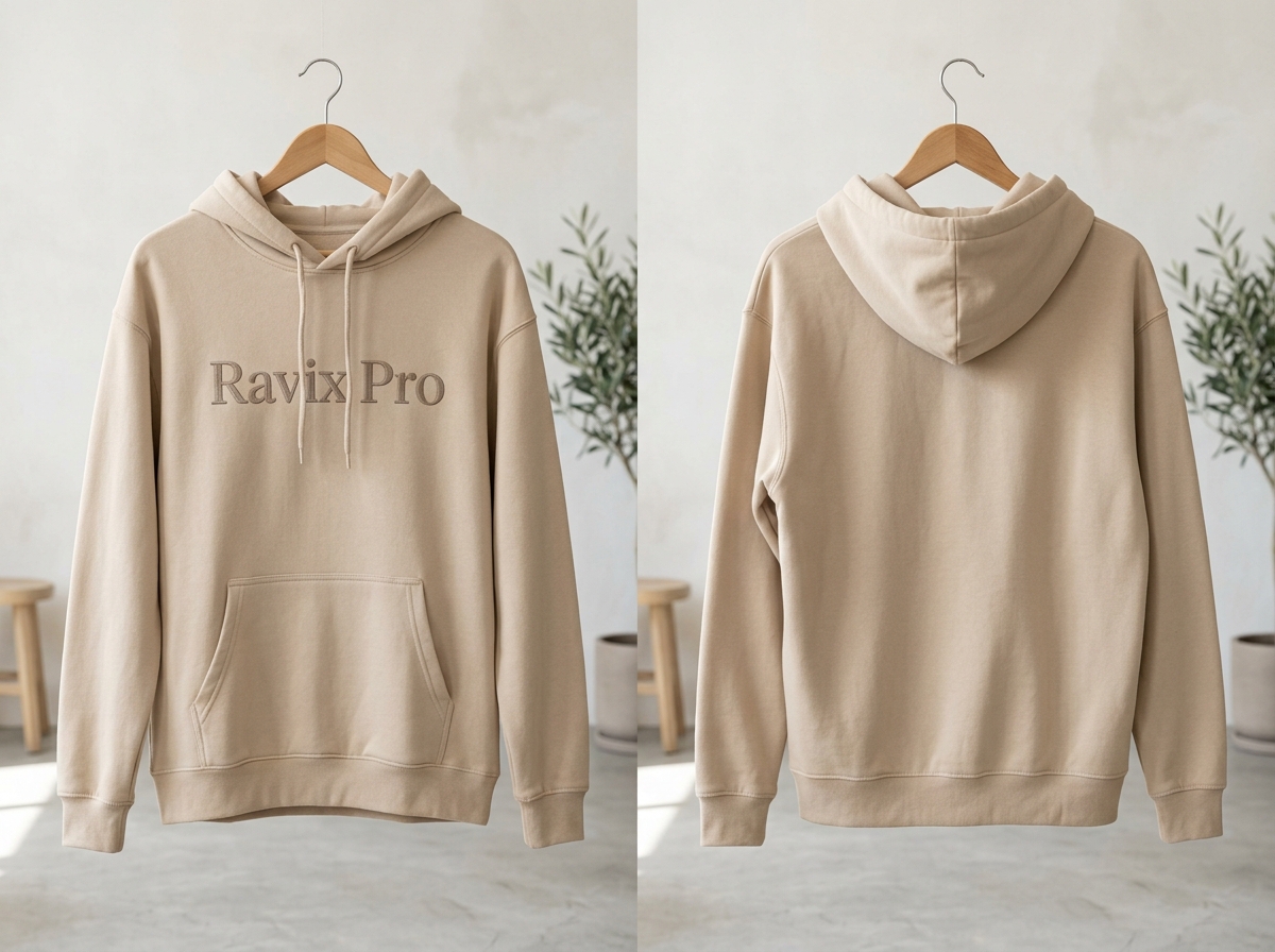 Custom Beige Hoodie with Script Logo – custom manufactured by Ravix Pro Industry, Sialkot, Pakistan