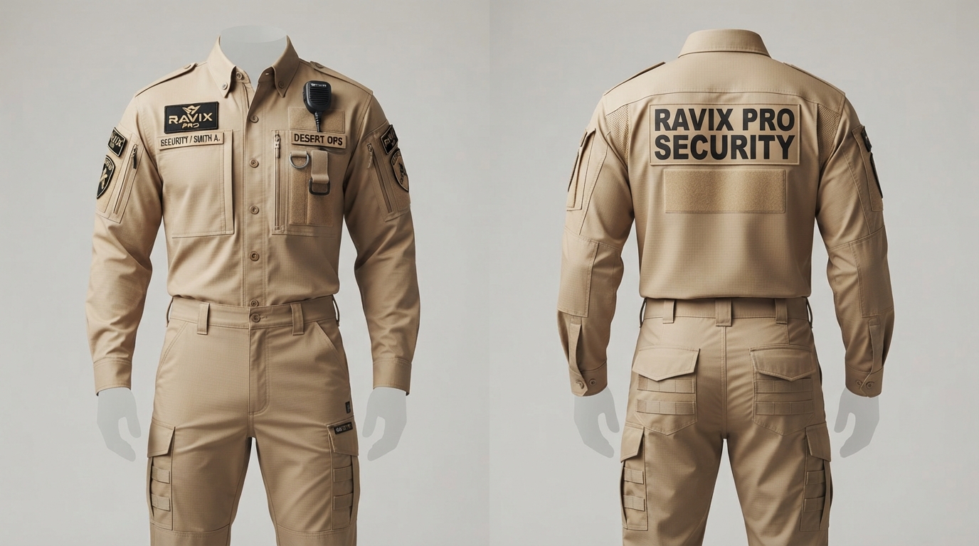 Custom Khaki Security Guard Uniform Custom Khaki Security Guard Uniform – custom manufactured by Ravix Pro Industry, Sialkot, Pakistan