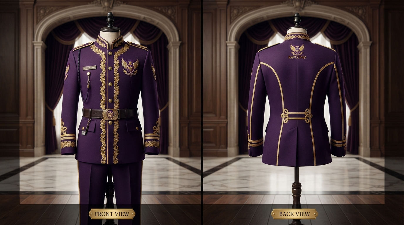 Custom Purple and Gold Security Guard Uniform Custom Purple and Gold Security Guard Uniform – custom manufactured by Ravix Pro Industry, Sialkot, Pakistan
