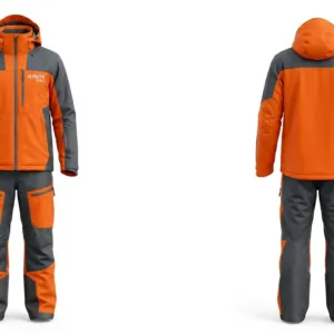 Custom Orange and Charcoal Ski Jacket and Bib Pants Set by Ravix Pro Industry, ski wear manufacturer in Sialkot, Pakistan