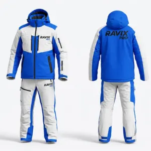 Custom Royal Blue and White Ski Jacket and Pants Set by Ravix Pro Industry, ski wear manufacturer in Sialkot, Pakistan