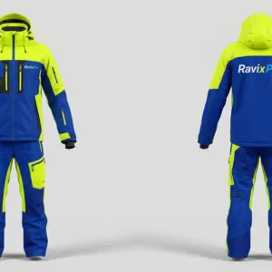 Custom Neon Yellow and Royal Blue Ski Jacket and Pants Set by Ravix Pro Industry, ski wear manufacturer in Sialkot, Pakistan