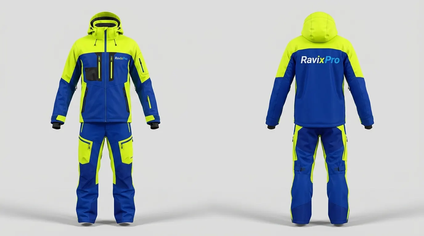 Custom Neon Yellow and Royal Blue Ski Jacket and Pants Set Custom Neon Yellow and Royal Blue Ski Jacket and Pants Set by Ravix Pro Industry, ski wear manufacturer in Sialkot, Pakistan
