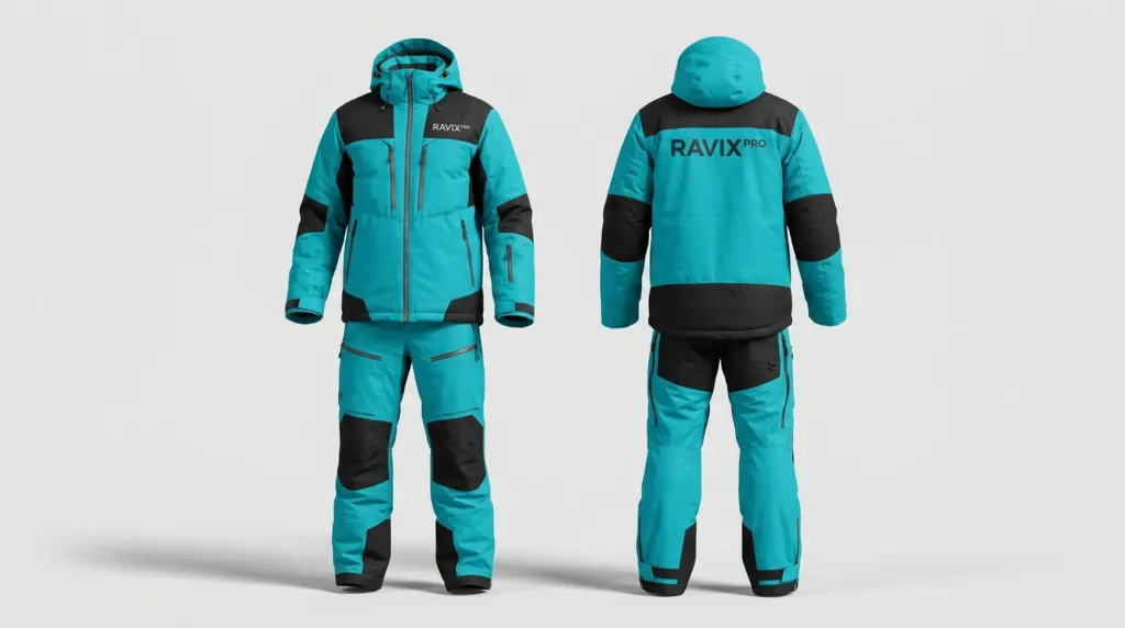 Custom Teal and Black Ski Jacket and Pants Set by Ravix Pro Industry, ski wear manufacturer in Sialkot, Pakistan