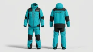 Custom Teal and Black Ski Jacket and Pants Set by Ravix Pro Industry, ski wear manufacturer in Sialkot, Pakistan