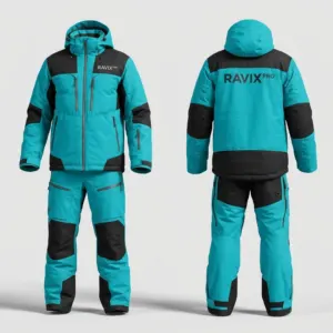 Custom Teal and Black Ski Jacket and Pants Set by Ravix Pro Industry, ski wear manufacturer in Sialkot, Pakistan