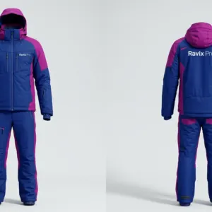 Custom Navy and Magenta Ski Jacket and Pants Set by Ravix Pro Industry, ski wear manufacturer in Sialkot, Pakistan