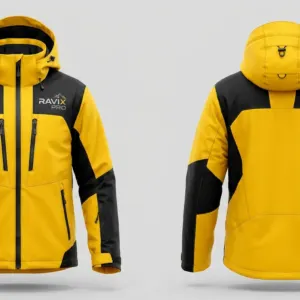 Custom Yellow and Black Insulated Ski Jacket by Ravix Pro Industry, ski wear manufacturer in Sialkot, Pakistan