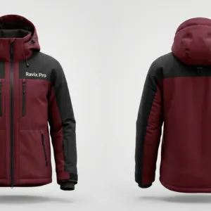 Custom Burgundy and Black Insulated Ski Jacket by Ravix Pro Industry, ski wear manufacturer in Sialkot, Pakistan