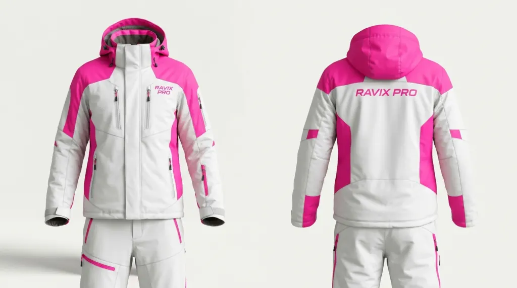 How to Start a Ski Wear Brand: Private Label Step-by-Step Guide (2026) Custom White and Pink Women's Ski Jacket and Pants Set by Ravix Pro Industry, ski wear manufacturer in Sialkot, Pakistan