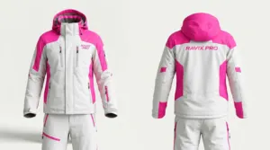 Custom White and Pink Women's Ski Jacket and Pants Set by Ravix Pro Industry, ski wear manufacturer in Sialkot, Pakistan