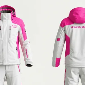 Custom White and Pink Women's Ski Jacket and Pants Set by Ravix Pro Industry, ski wear manufacturer in Sialkot, Pakistan
