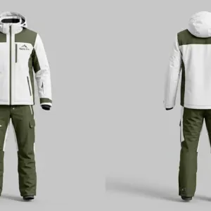 Custom White and Olive Green Ski Jacket and Pants Set by Ravix Pro Industry, ski wear manufacturer in Sialkot, Pakistan