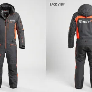 Custom Charcoal and Orange Ski Suit by Ravix Pro Industry, ski wear manufacturer in Sialkot, Pakistan