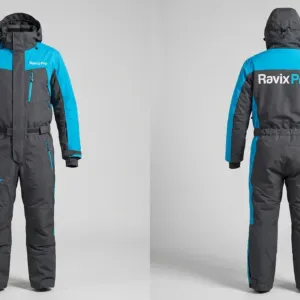 Custom Charcoal and Cyan Ski Suit by Ravix Pro Industry, ski wear manufacturer in Sialkot, Pakistan