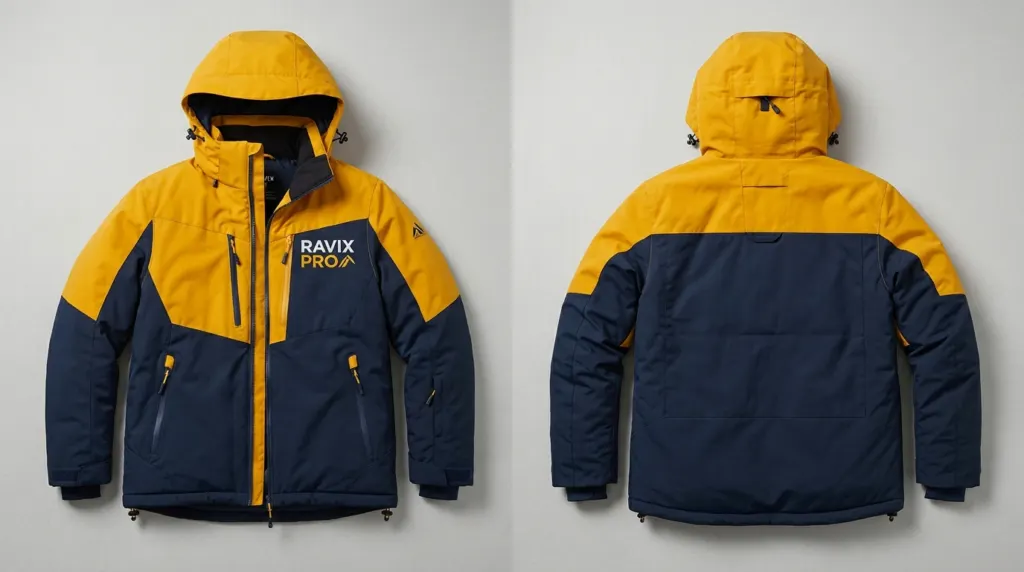 Custom Mustard Yellow and Navy Insulated Ski Jacket by Ravix Pro Industry, ski wear manufacturer in Sialkot, Pakistan