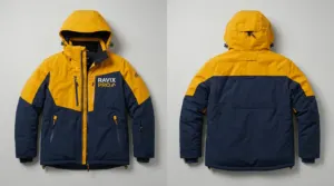 Custom Mustard Yellow and Navy Insulated Ski Jacket by Ravix Pro Industry, ski wear manufacturer in Sialkot, Pakistan