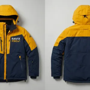 Custom Mustard Yellow and Navy Insulated Ski Jacket by Ravix Pro Industry, ski wear manufacturer in Sialkot, Pakistan