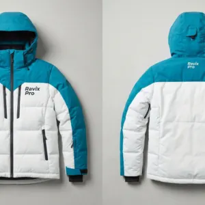 Custom Teal and White Puffer Ski Jacket by Ravix Pro Industry, ski wear manufacturer in Sialkot, Pakistan