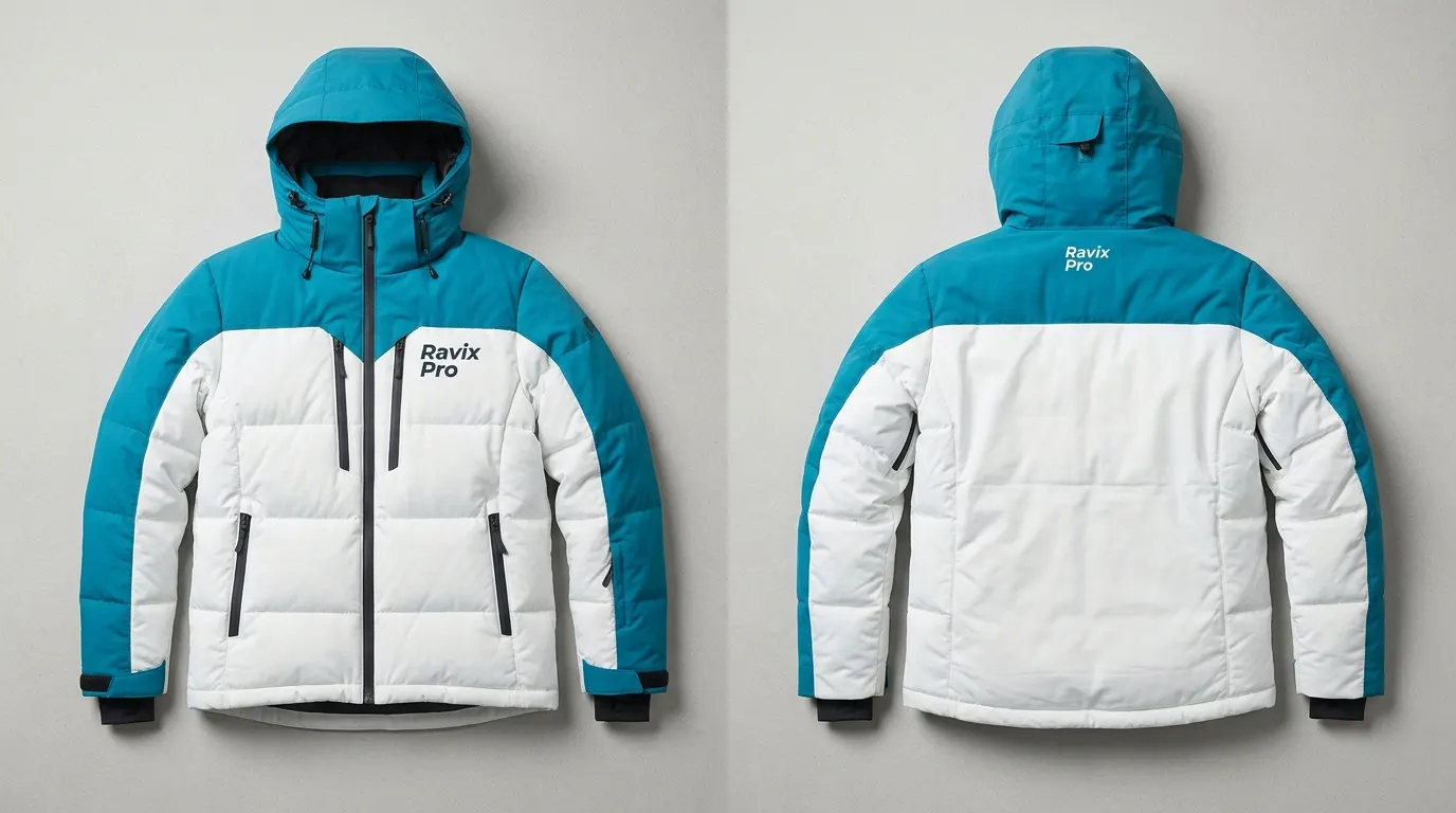 Custom Teal and White Puffer Ski Jacket Custom Teal and White Puffer Ski Jacket by Ravix Pro Industry, ski wear manufacturer in Sialkot, Pakistan