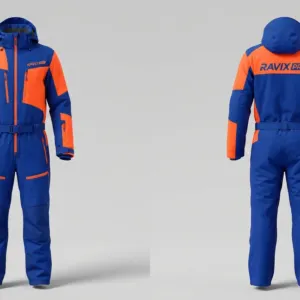 Custom Royal Blue and Orange One-Piece Ski Suit by Ravix Pro Industry, ski wear manufacturer in Sialkot, Pakistan