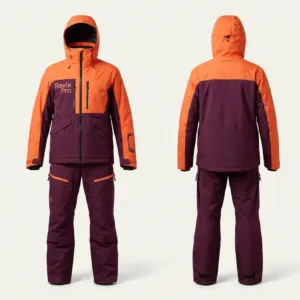 Custom Orange and Plum Ski Jacket and Pants Set by Ravix Pro Industry, ski wear manufacturer in Sialkot, Pakistan