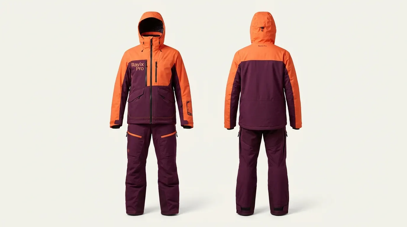 Custom Orange and Plum Ski Jacket and Pants Set Custom Orange and Plum Ski Jacket and Pants Set by Ravix Pro Industry, ski wear manufacturer in Sialkot, Pakistan