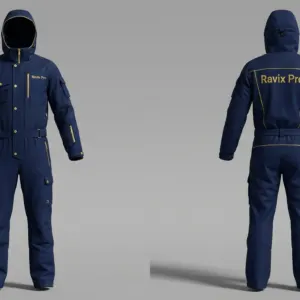 Custom Navy One-Piece Ski Suit by Ravix Pro Industry, ski wear manufacturer in Sialkot, Pakistan