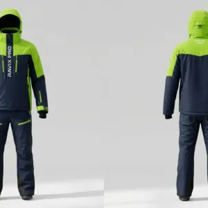 Custom Navy and Lime Green One-Piece Ski Suit by Ravix Pro Industry, ski wear manufacturer in Sialkot, Pakistan