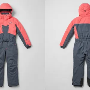 Custom Coral and Grey One-Piece Ski Suit by Ravix Pro Industry, ski wear manufacturer in Sialkot, Pakistan