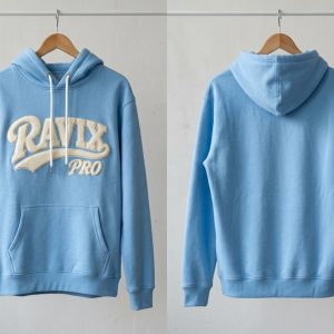 Custom Light Blue Hoodie with Puff Logo – custom manufactured by Ravix Pro Industry, Sialkot, Pakistan