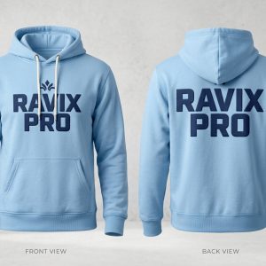Custom Sky Blue Hoodie with Navy Logo – custom manufactured by Ravix Pro Industry, Sialkot, Pakistan