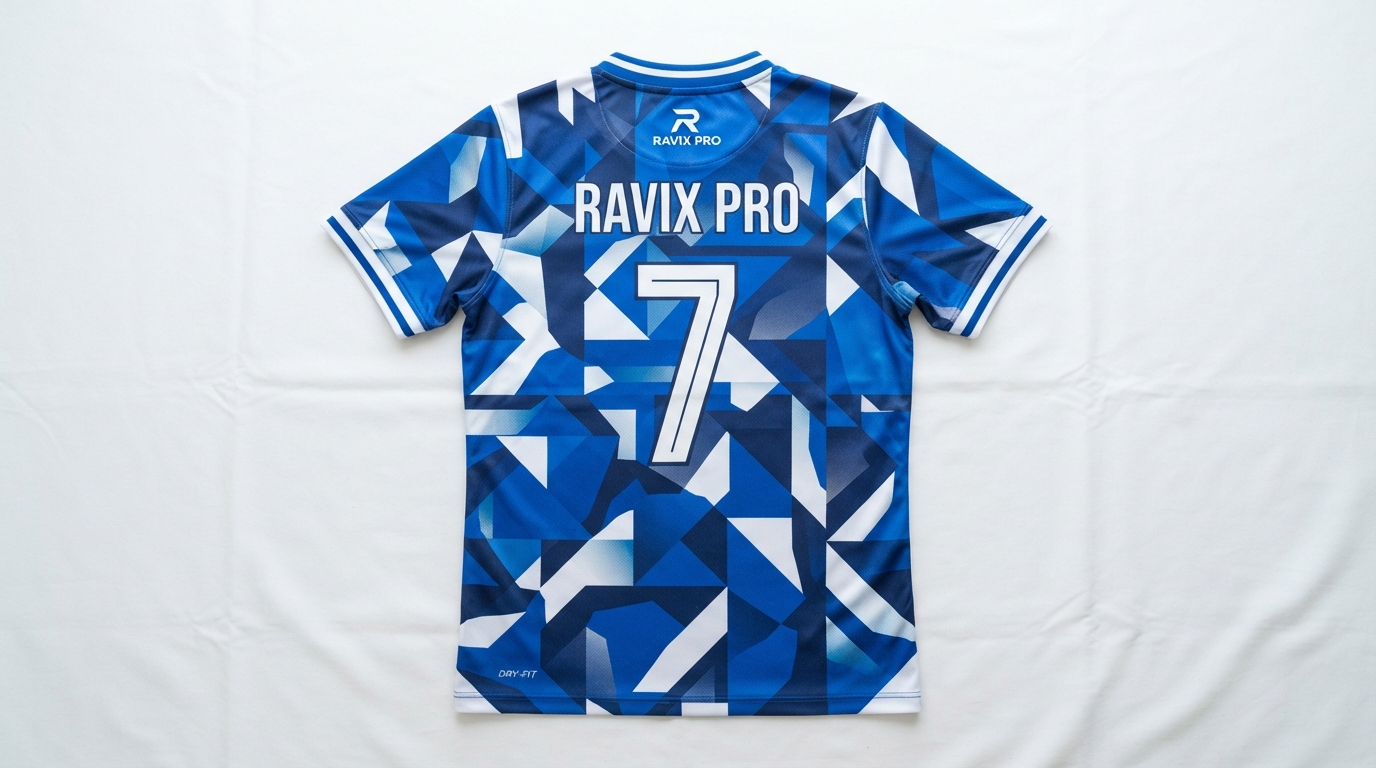 Custom Royal Blue and White Football Jersey Custom Royal Blue and White Football Jersey – custom manufactured by Ravix Pro Industry, Sialkot, Pakistan