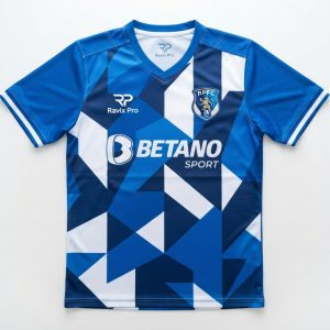 Custom Royal Blue and White Football Jersey with Geometric Panels – custom manufactured by Ravix Pro Industry, Sialkot, Pakistan