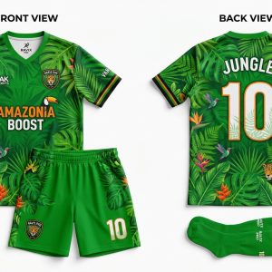 Custom Green and Orange Jungle Print Soccer Uniform with Socks – custom manufactured by Ravix Pro Industry, Sialkot, Pakistan