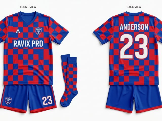 Custom Red and Royal Blue Soccer Uniform – custom manufactured by Ravix Pro Industry, Sialkot, Pakistan