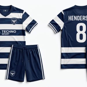 Custom Navy and White Hooped Soccer Uniform – custom manufactured by Ravix Pro Industry, Sialkot, Pakistan