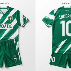 Custom Green and White Diagonal Stripe Soccer Uniform – custom manufactured by Ravix Pro Industry, Sialkot, Pakistan