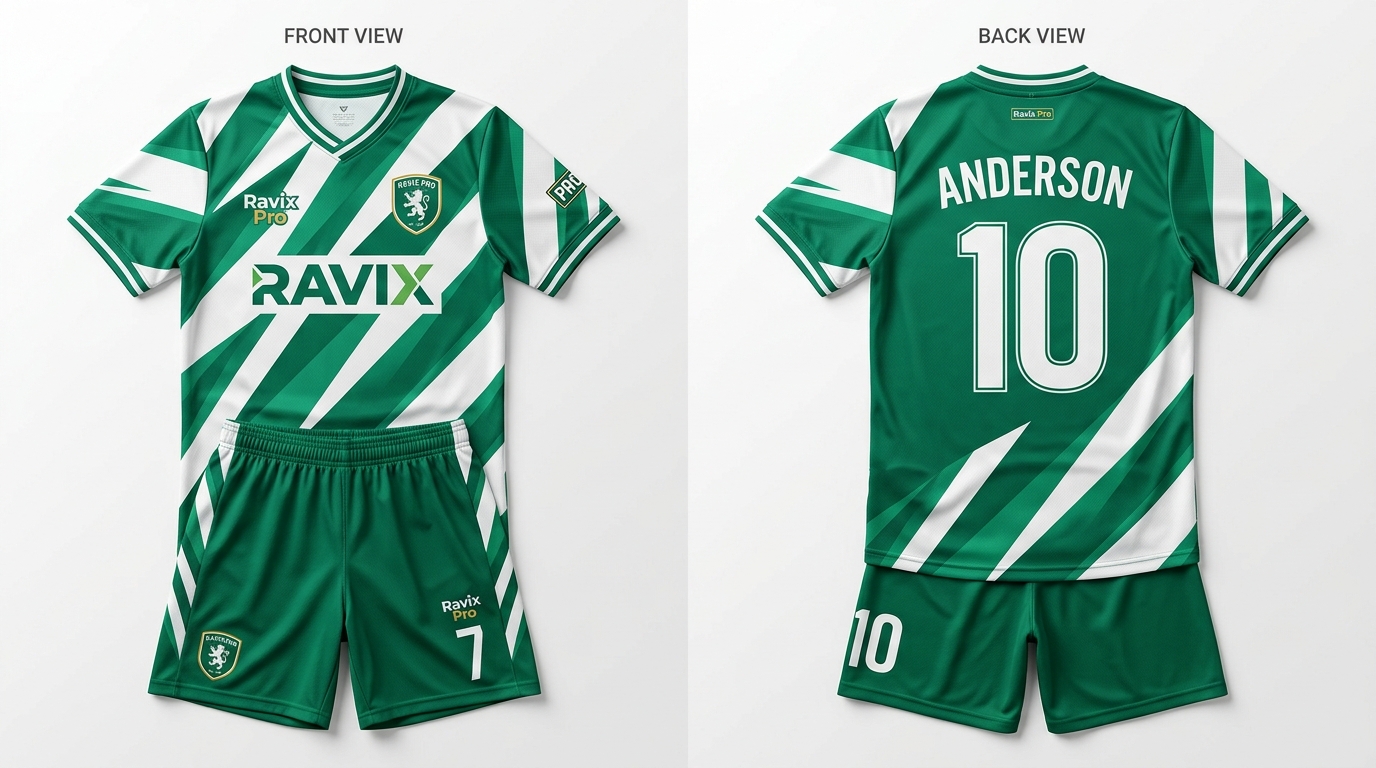 Custom Green and White Diagonal Stripe Soccer Uniform Custom Green and White Diagonal Stripe Soccer Uniform – custom manufactured by Ravix Pro Industry, Sialkot, Pakistan