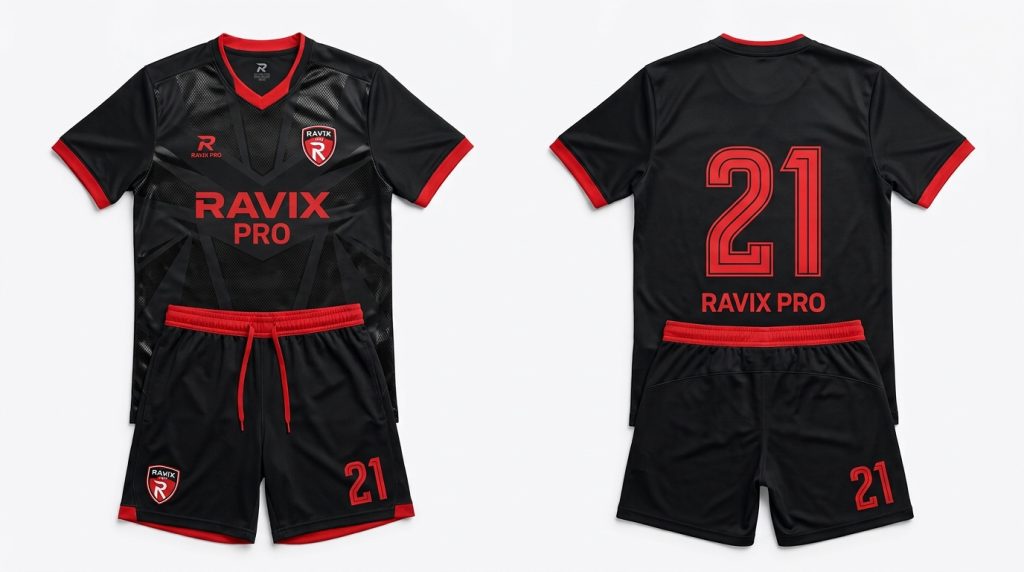 Pakistan Clothing Manufacturer for German Brands: Sourcing Guide Custom football kit for a German amateur club, front and back, made in Pakistan by Ravix Pro Industry