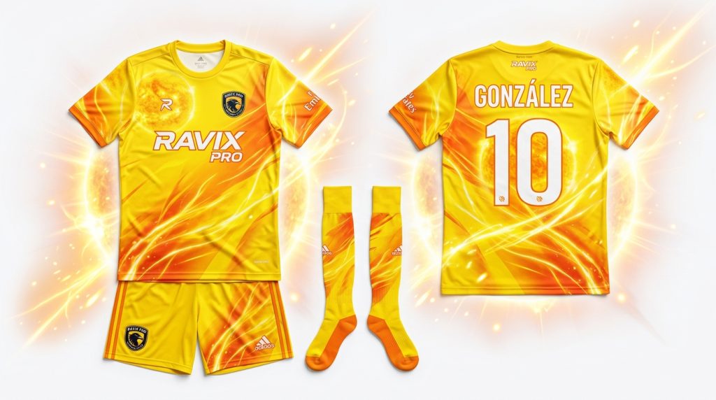 Custom Yellow and Orange Soccer Uniform – custom manufactured by Ravix Pro Industry, Sialkot, Pakistan