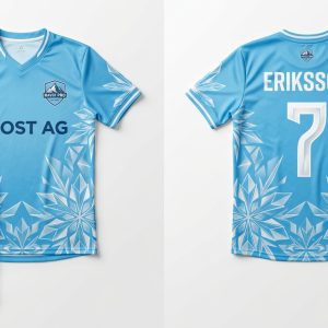 Custom Sky Blue and White Soccer Uniform with Leaf Pattern Sleeves – custom manufactured by Ravix Pro Industry, Sialkot, Pakistan