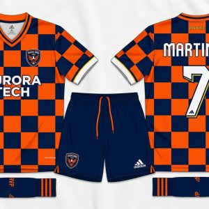 Custom Orange and Navy Soccer Uniform – custom manufactured by Ravix Pro Industry, Sialkot, Pakistan