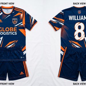 Custom Navy and Orange Soccer Uniform with Sponsor Chest Print – custom manufactured by Ravix Pro Industry, Sialkot, Pakistan