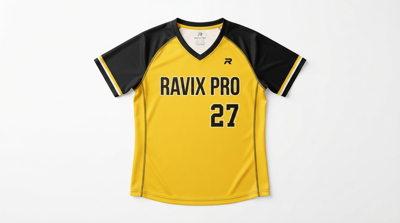 Custom Yellow and Black V-Neck Softball Jersey Custom Yellow and Black V-Neck Softball Jersey – custom manufactured by Ravix Pro Industry, Sialkot, Pakistan