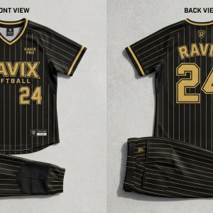 Custom Black and Gold Softball Uniform – custom manufactured by Ravix Pro Industry, Sialkot, Pakistan